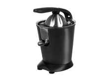 Charger l&#39;image dans la galerie, Un presse-agrumes noir sur fond noir. Il possède une passoire argentée et une poignée noire. Un récipient transparent est également visible.
