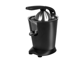 Un presse-agrumes noir sur fond noir. Il possède une passoire argentée et une poignée noire. Un récipient transparent est également visible.