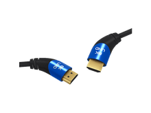 Charger l&#39;image dans la galerie, Câble HDMI. Connecteurs bleus avec l&#39;étiquette 8K UHD. Câble noir. Fond noir.
