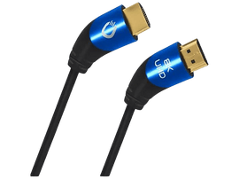 Deux câbles HDMI avec des extrémités bleues et des connecteurs dorés. Ils sont sur fond noir.