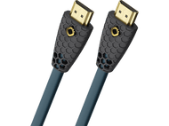 Deux câbles HDMI bleus avec connecteurs dorés, motif en nid d'abeille aux extrémités.