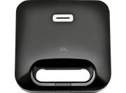 Gaufrier noir, vue de dessus. Il a une poignée et le logo 'ok.' sur la surface.