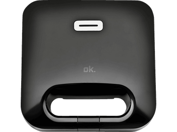 Gaufrier noir, vue de dessus. Il a une poignée et le logo 'ok.' sur la surface.