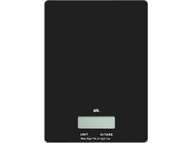 Une balance de cuisine noire. Un affichage numérique affiche "0.0". Le mot "ok." apparaît sur la balance.