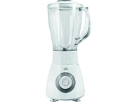 Mixeur blanc avec un récipient transparent et une poignée, et un cadran de 0 à 2. Logo ok. à l'avant.