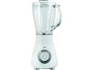 Mixeur blanc avec un récipient transparent et une poignée, et un cadran de 0 à 2. Logo ok. à l'avant.