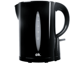 Bouilloire électrique ok. noire avec une fenêtre de niveau de remplissage. Elle a une poignée noire et un interrupteur gris.