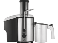 Un extracteur de jus de marque ok. argent et noir avec un pichet transparent.