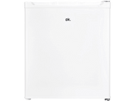 Mini-réfrigérateur blanc avec le logo 'ok.' sur la porte, sur fond noir.