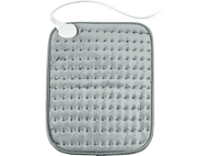 Coussin chauffant gris avec cordon d'alimentation blanc et contrôle. Texture pointillée sur la surface.