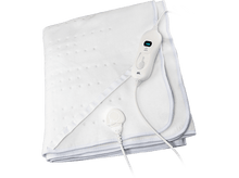 Charger l&#39;image dans la galerie, Couverture chauffante électrique blanche avec un panneau de contrôle et un connecteur d&#39;alimentation séparé sur fond noir.
