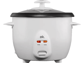 Cuiseur à riz blanc avec dessus noir et boutons pour 