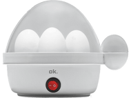 Cuiseur d'œufs blanc avec trois œufs à l'intérieur. Il a un couvercle transparent et un bouton d'alimentation rouge.