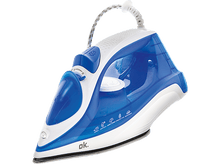 Charger l&#39;image dans la galerie, Fer à repasser bleu et blanc, icônes vapeur, icône de pulvérisation. La poignée a un câble gris et blanc.
