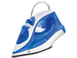 Fer à repasser bleu et blanc, icônes vapeur, icône de pulvérisation. La poignée a un câble gris et blanc.