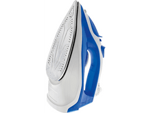 Charger l&#39;image dans la galerie, Un fer à repasser blanc et bleu sur une surface blanche, vu d&#39;un angle élevé.
