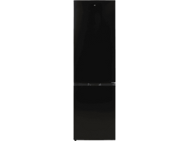 Réfrigérateur noir avec deux portes sur fond noir.