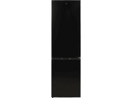 Réfrigérateur noir avec deux portes sur fond noir.