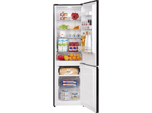 Charger l&#39;image dans la galerie, Réfrigérateur ouvert avec des étagères de nourriture. Fruits, légumes et produits emballés visibles.
