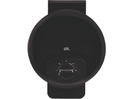 Ventilateur noir avec cadran numéroté 1-5. Forme ronde et zone de contrôle rectangulaire décalée.