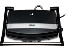 Charger l&#39;image dans la galerie, Presse à panini noire et argentée avec &#39;ok.&#39; en haut. Voyants d&#39;alimentation et prêt.
