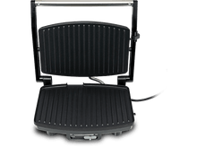 Charger l&#39;image dans la galerie, Un grill panini noir, ouvert, montrant les plaques du grill et une poignée.
