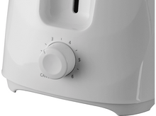 Charger l&#39;image dans la galerie, Un grille-pain blanc avec un cadran pour sélectionner le niveau de brunissage et un bouton d&#39;annulation.
