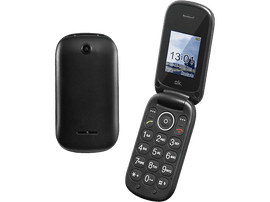 Téléphone à clapet noir, ouvert et fermé, sur fond noir. Le téléphone ouvert affiche l