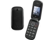 Téléphone à clapet noir, ouvert et fermé, sur fond noir. Le téléphone ouvert affiche l'heure.