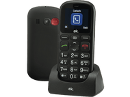 Téléphone mobile noir avec socle. L'écran affiche l'icône des contacts. Fond noir.