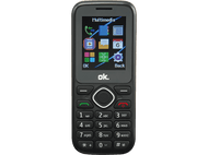 Téléphone mobile noir avec un écran affichant des icônes d'applications et des boutons en dessous, isolé.