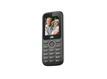 Charger l&#39;image dans la galerie, Téléphone à clapet noir avec un écran affichant un couple de personnes âgées. Il a des boutons et un logo ok..
