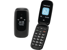 Téléphone à clapet noir, ouvert et fermé. Le téléphone ouvert affiche une liste de contacts. Le téléphone fermé affiche l