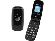 Téléphone à clapet noir, ouvert et fermé. Le téléphone ouvert affiche une liste de contacts. Le téléphone fermé affiche l'heure et la date.