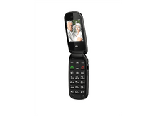 Charger l&#39;image dans la galerie, Téléphone à clapet noir avec photo de couple sur écran, gros boutons et fond blanc.
