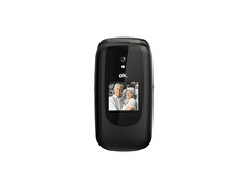 Charger l&#39;image dans la galerie, Un téléphone à clapet noir est montré avec une image d&#39;un couple souriant à l&#39;écran.
