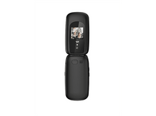 Charger l&#39;image dans la galerie, Téléphone à clapet noir ouvert, affichant une image sur l&#39;écran. Le fond est blanc.
