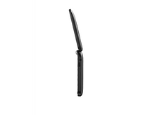 Charger l&#39;image dans la galerie, Téléphone à clapet noir, vue latérale, légèrement ouvert sur fond blanc.
