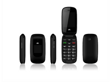 Charger l&#39;image dans la galerie, Un téléphone à clapet noir ouvert, montrant le clavier et l&#39;écran. Plusieurs vues.
