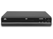 Charger l&#39;image dans la galerie, Lecteur DVD noir avec &quot;ok.&quot; et d&#39;autres boutons sur fond blanc.
