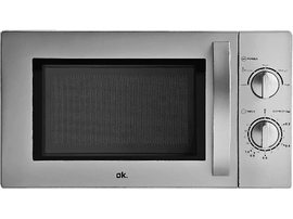 Un four à micro-ondes argenté avec panneau de commande sur le côté droit. Le logo ok. est en bas.