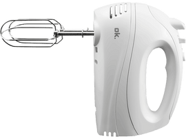 Mixeur à main blanc avec accessoire, sur fond noir.