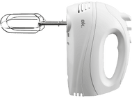 Mixeur à main blanc avec accessoire, sur fond noir.