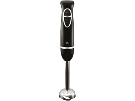 Mixeur plongeant noir avec des accents argentés et des boutons. Sur fond blanc.