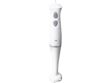 Charger l&#39;image dans la galerie, Mixeur plongeant blanc avec deux boutons et un bouton &#39;Turbo&#39;, fond blanc.
