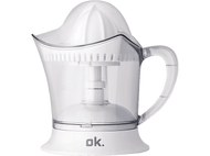 Presse-agrumes électrique blanc et transparent sur fond noir. Possède une poignée.