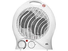 Ventilateur électrique blanc de la marque ok., vue de face. Il comporte des grilles incurvées et deux boutons de commande. Symbole d
