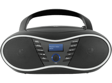 Charger l&#39;image dans la galerie, Boombox noire avec haut-parleurs, écran affichant du texte et des boutons. Poignée en haut. Garniture argentée.
