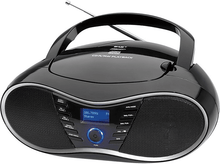 Charger l&#39;image dans la galerie, Radio boombox noire avec haut-parleurs, écran et poignée, sur fond blanc.
