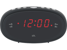 Charger l'image dans la galerie, Réveil numérique noir. Chiffres rouges affichant 12h00. Boutons étiquetés sur le dessus.
